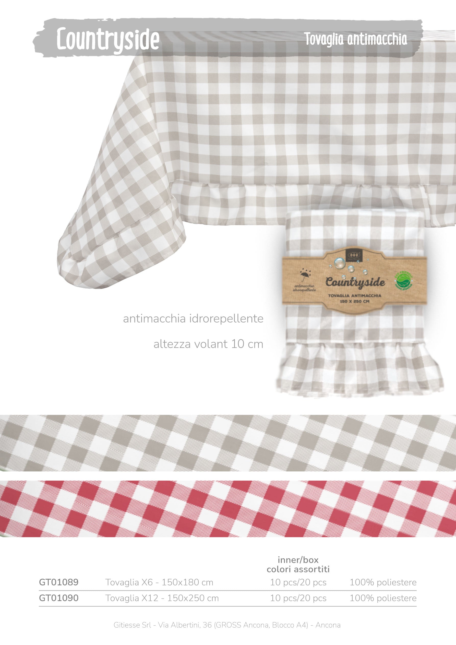 Tovaglia antimacchia per 12 no stiro a quadretti 140x240 ''Countryside'',  2 colori assortiti