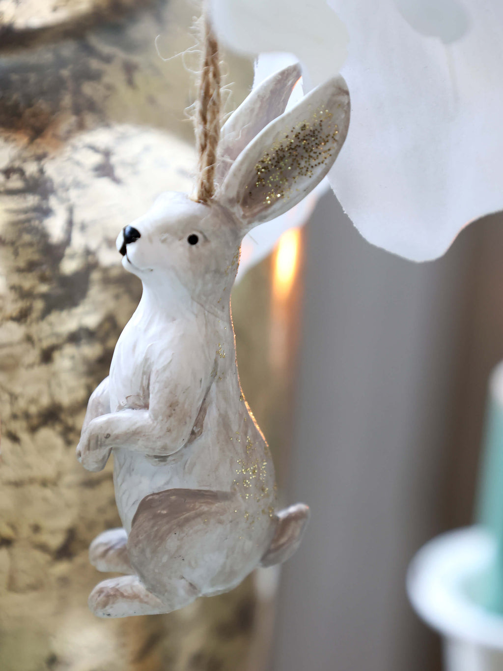 Conigli In Poliresina Con Glitter da appendere Set 2 Pezzi Color Crema (39866-19)