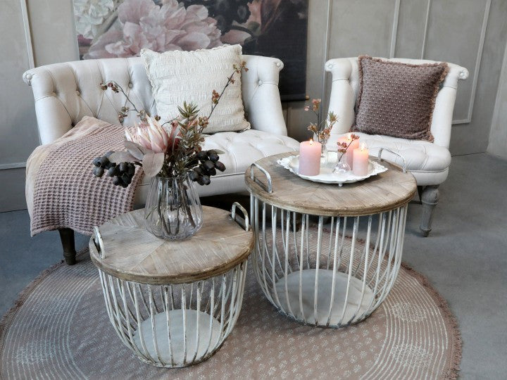 Coppia Tavolino da caffé in legno e metallo con coperchio bianco antichizzato Chic Antique (41324-01)