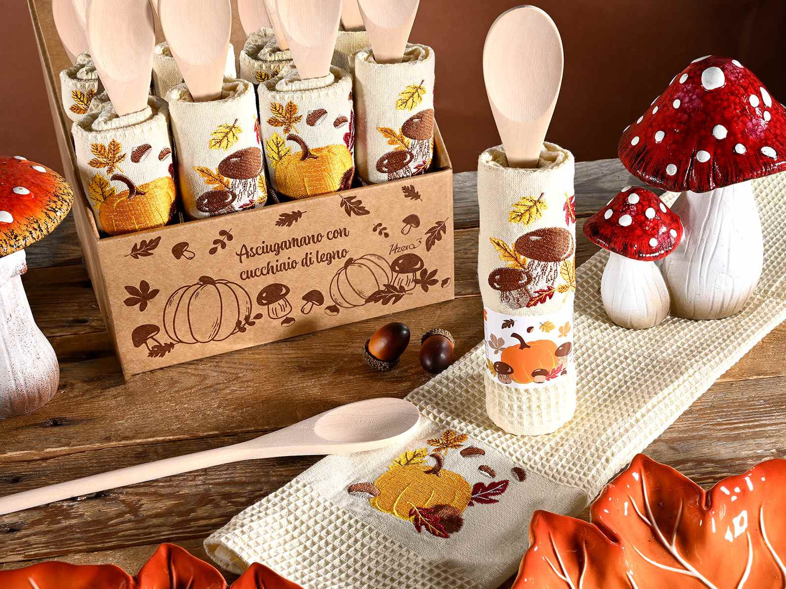 Strofinaccio/canovaccio ricamo autunno in cotone con cucchiaio legno (450236)