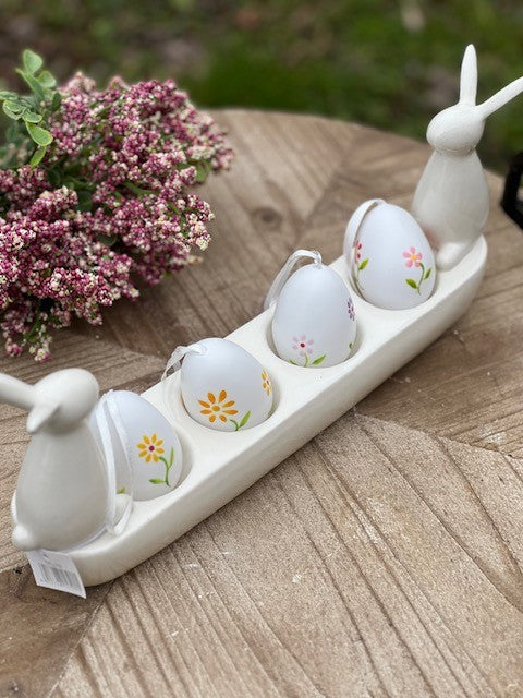 Portauova lungo con coniglietti in ceramica bianca CM: 33,2x6,3x13,3 CK679
