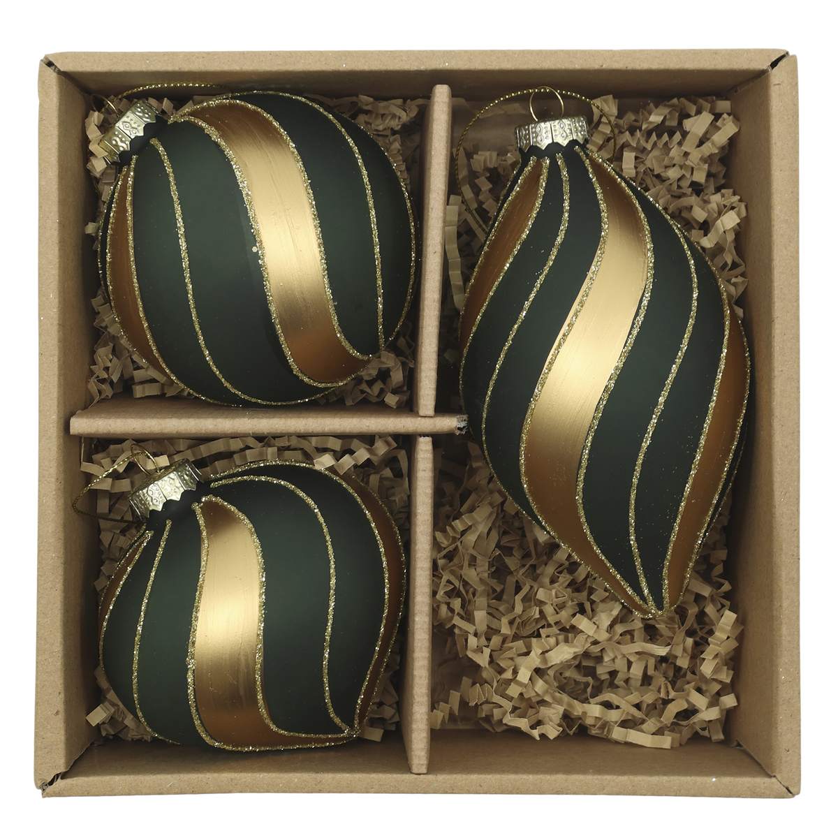 Palla di Natale box 3 pezzi color oliva e oro h12 diam.7 cm