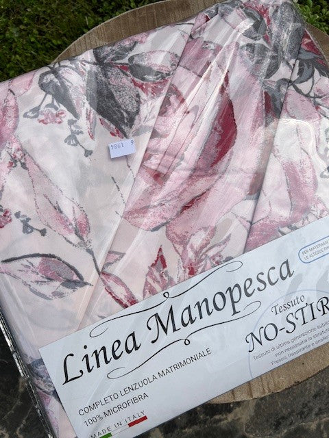 Completo lenzuola microfibra manopesca matrimoniale rose no stiro