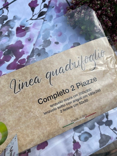 Completo lenzuola matrimoniale in cotone Made in Italy CLOE Quadrifoglio alta qualità