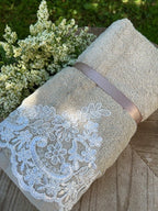 Coppia spugna asciugamano + ospite "Rebroder Helen" balza con pizzo SABBIA