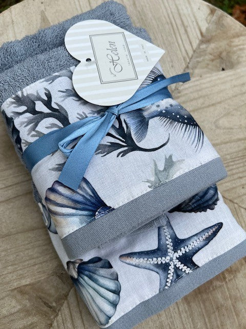 Coppia spugna asciugamano + ospite color avio "Conchiglia Helen" stampa digitale