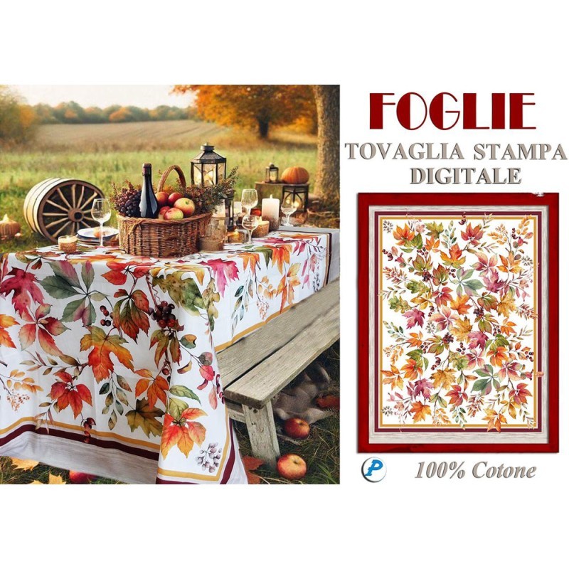 Tovaglia in cotone stampa digitale FOGLIE cm 140x185- 140x245