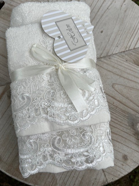 Coppia spugna asciugamano + ospite "Rebroder Helen" balza con pizzo AVORIO