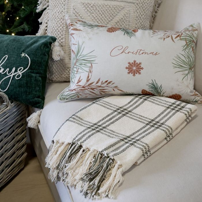 Plaid con frange in cotone e fibre reciclate quadri verde oliva  cm 150x130 Chic Antique (16110621)