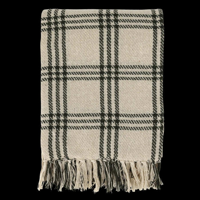 Plaid con frange in cotone e fibre reciclate quadri verde oliva  cm 150x130 Chic Antique (16110621)