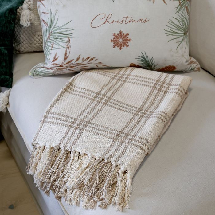 Plaid con frange in cotone e fibre reciclate quadri color latte cm 150x130 Chic Antique (16110620)