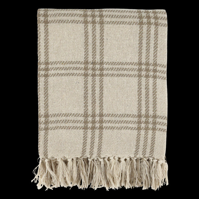 Plaid con frange in cotone e fibre reciclate quadri color latte cm 150x130 Chic Antique (16110620)