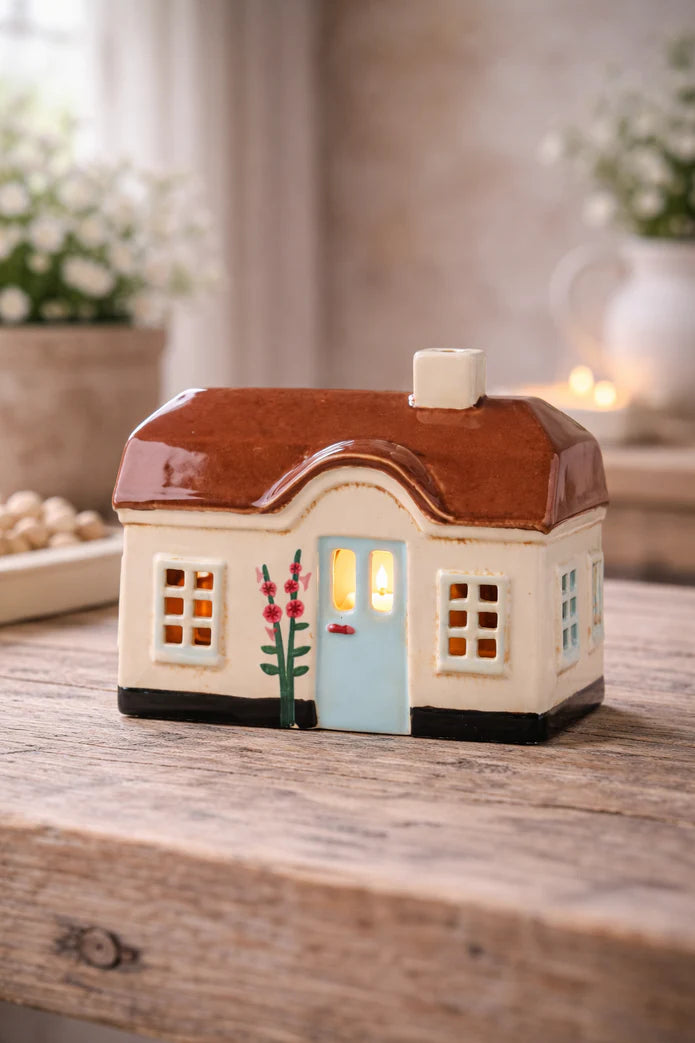 Casetta porta tea light  in ceramica Ebeltoft porta e finestre azzurre Ib Laursen (27705-01)