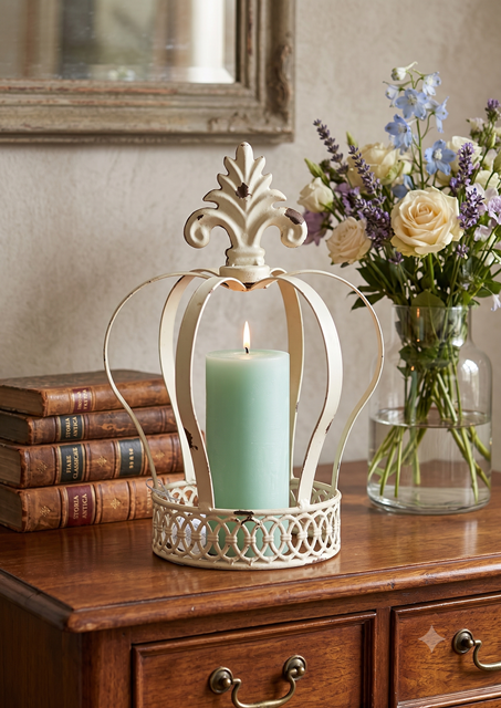Corona Porta Tealight In Metallo Crema Antichizzato H 26 D. 17 Cm Chic Antique ( 39605-19)