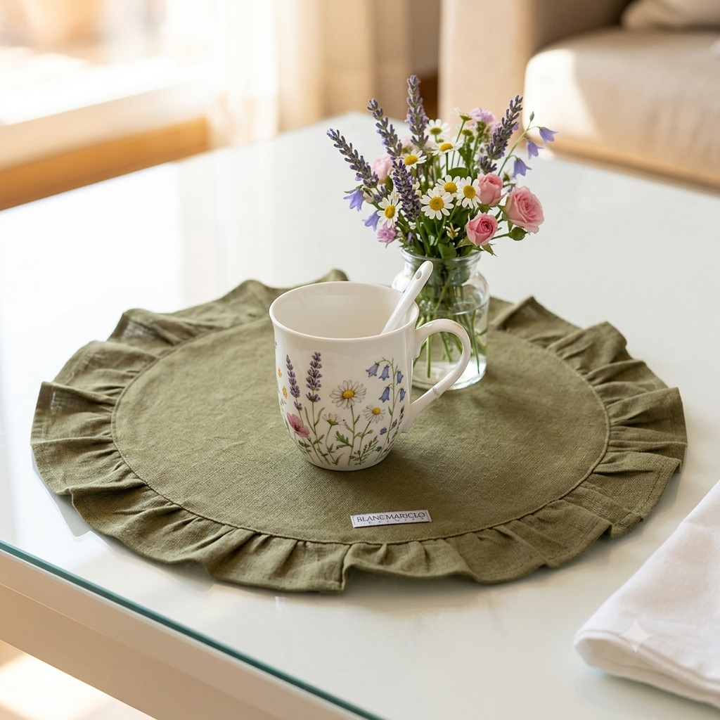 Tovaglietta Rotonda verde linea Infinity In Cotone Diam. Cm 33 Con Gala Cm 7 Blanc Mariclo'