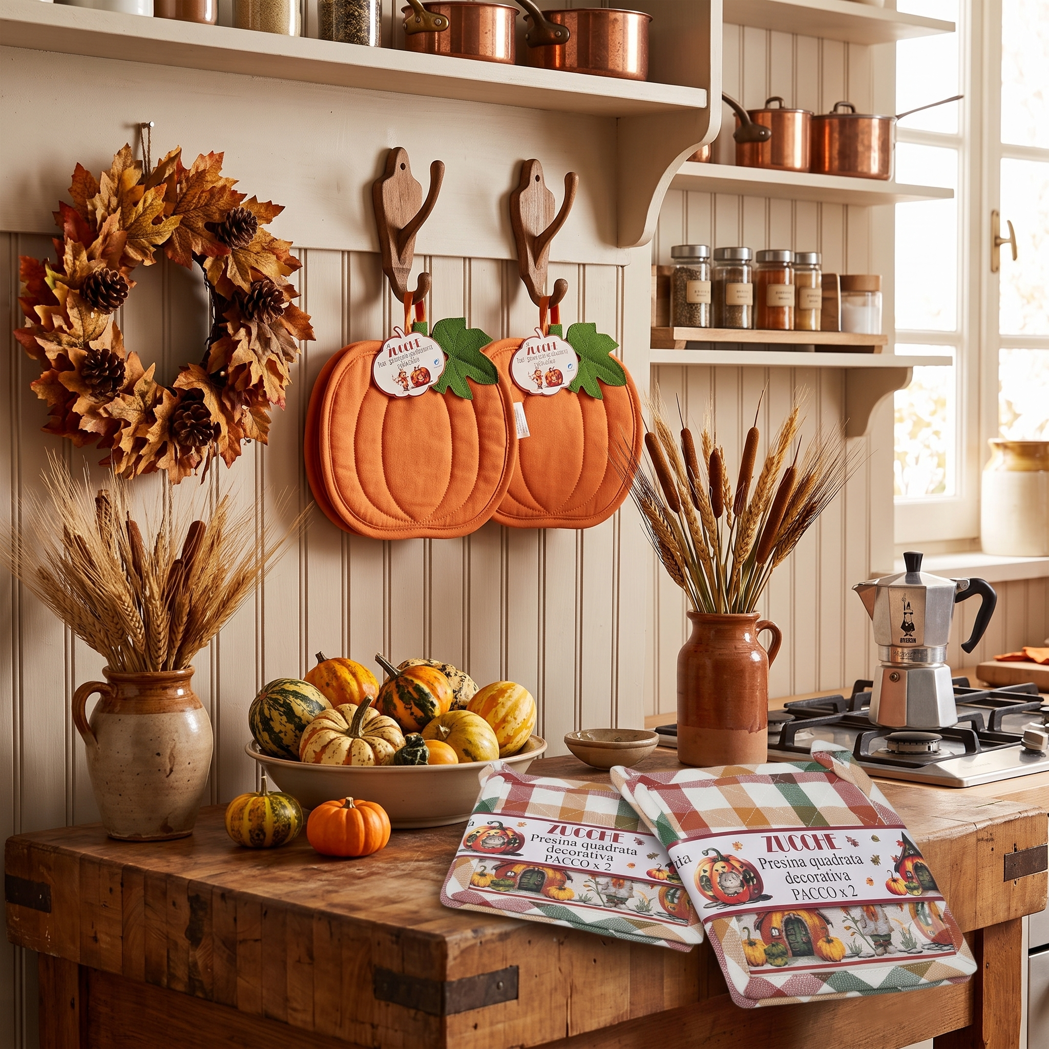 SET CUCINA COTONE DISEGNO ZUCCHE PEZZOLI SET 2 PRESINE SAGOMATE ZUCCA