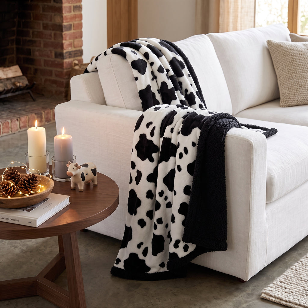 PLAID PILE STAMPATO AGNELLATO COW MUCCATO BIANCO NERO MATRIMONIALE (541073N)