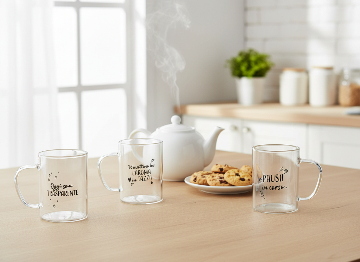SET 4 Tazza in vetro 400 ml con manico e scritte