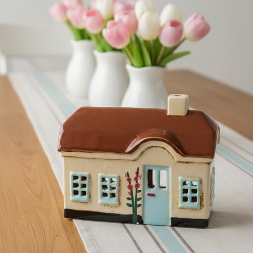 Casetta porta tea light  in ceramica Ebeltoft porta e finestre azzurre Ib Laursen (27705-01)