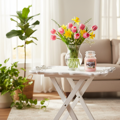 Tavolino con vassoio legno bianco decapato h cm 50 Coccole di Casa (KL95558)