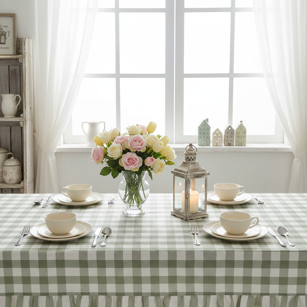 Tovaglia con gala linea Bolgheri quadri burro e Verde salvia cm 170x300 gala cm 10