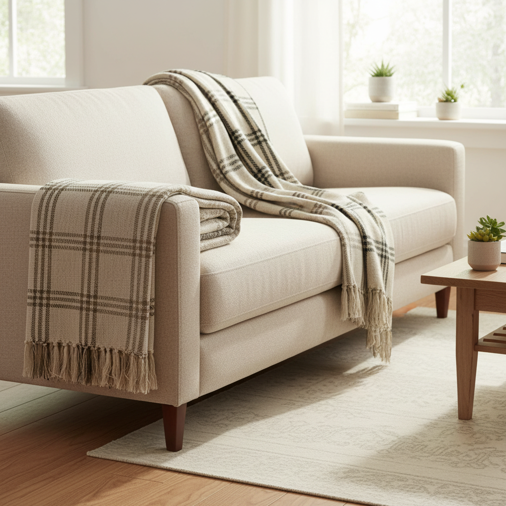 Plaid con frange in cotone e fibre reciclate quadri color latte cm 150x130 Chic Antique (16110620)