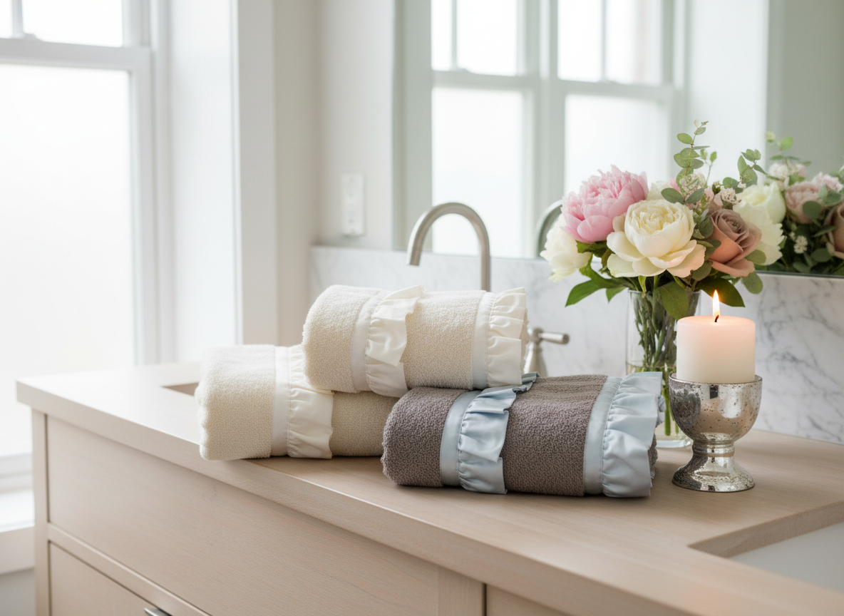 Coppia spugna asciugamano + ospite "Priscilla " con volant raso in tre colori (58546)