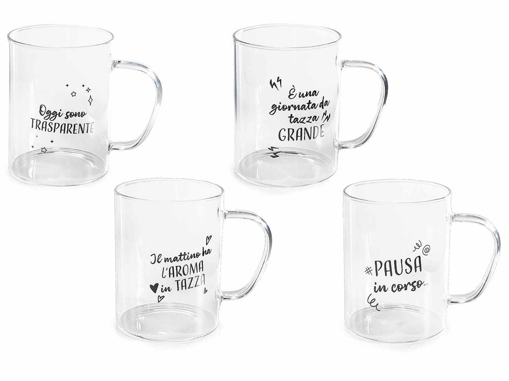 SET 4 Tazza in vetro 400 ml con manico e scritte - La mia casa Chic