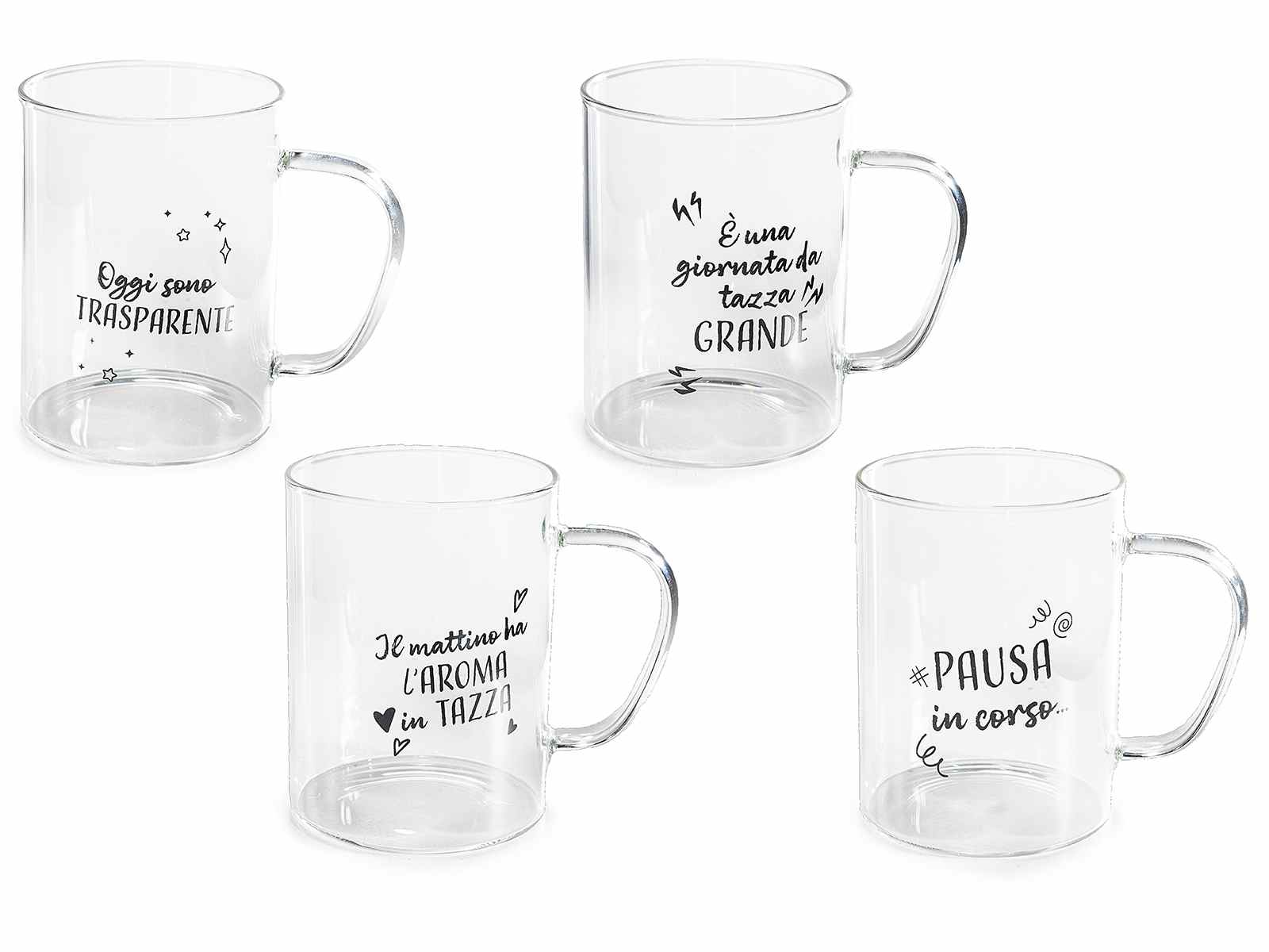 SET 4 Tazza in vetro 400 ml con manico e scritte - La mia casa Chic