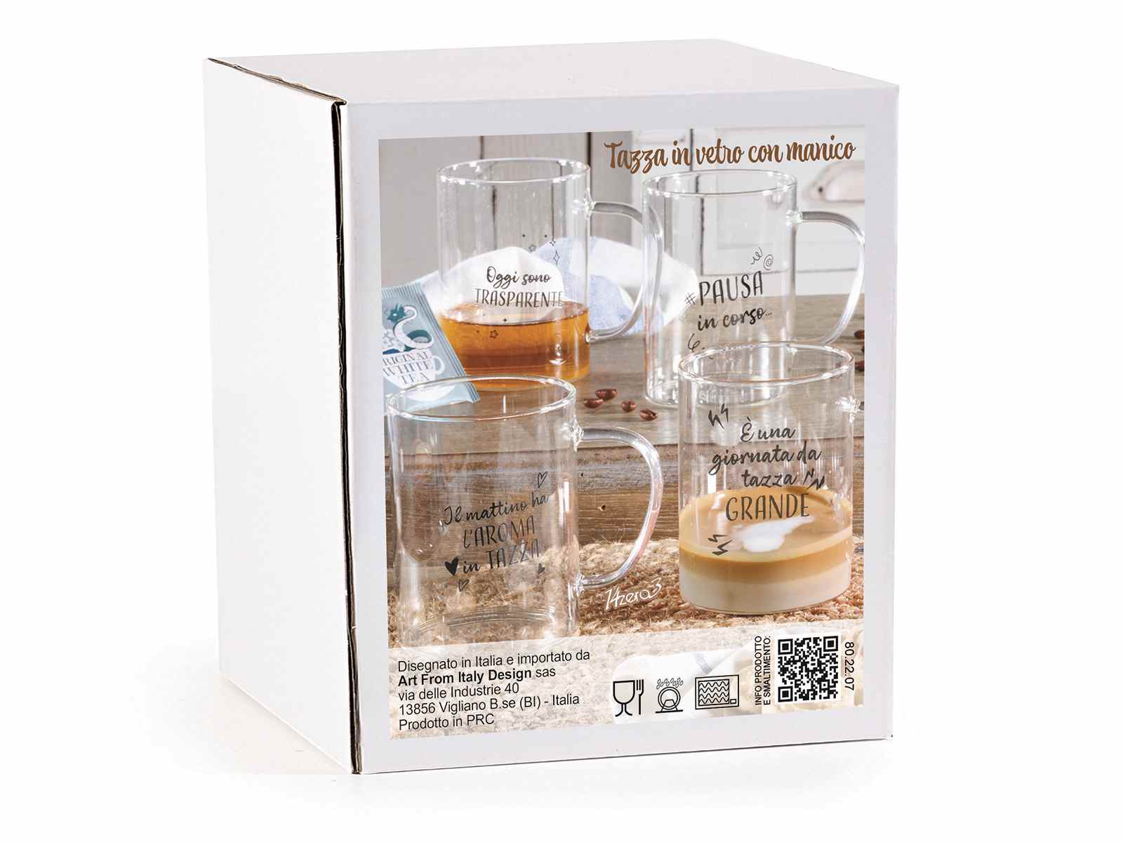 SET 4 Tazza in vetro 400 ml con manico e scritte - La mia casa Chic