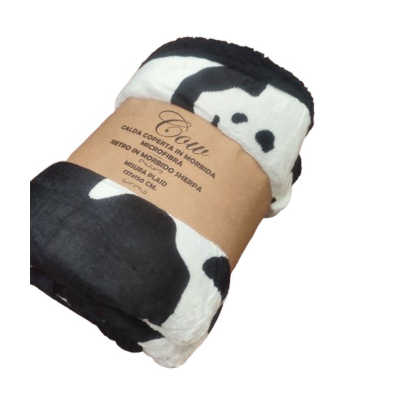 PLAID PILE STAMPATO AGNELLATO COW MUCCATO BIANCO NERO MATRIMONIALE (541073N)