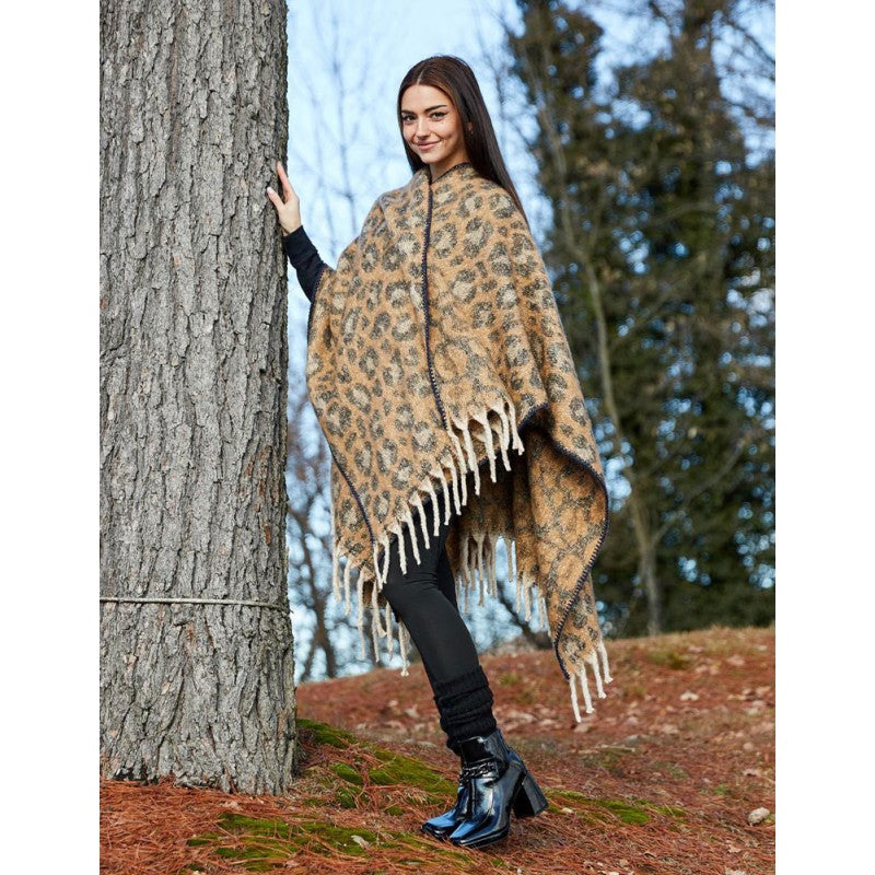 PONCHO DONNA SIMIL LANA CON FRANGE MISS LIFE ANIMALIER NOCCIOLA