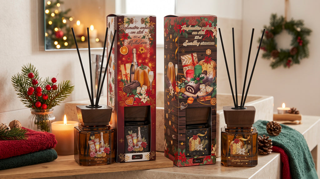 Profumatore per ambiente 100ml con stick stampa natalizia