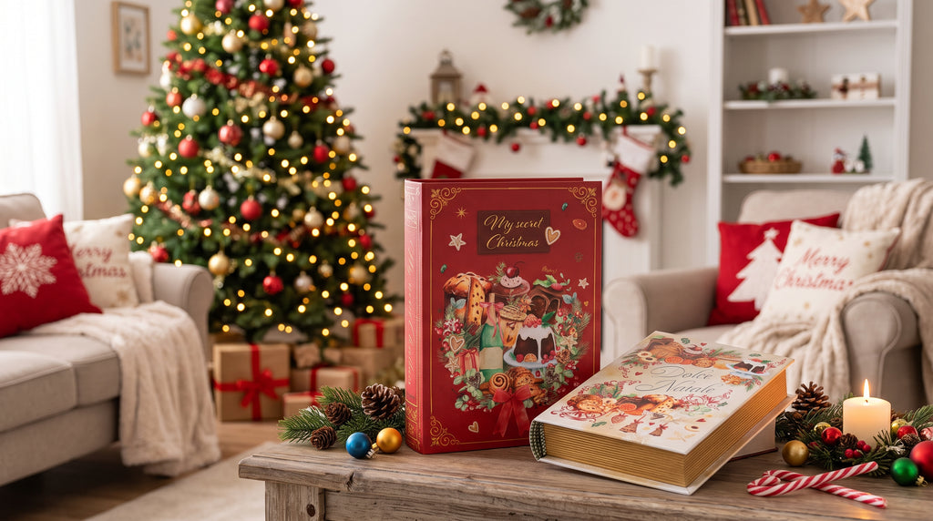 Set 2 scatole natalizie a libro in legno foderato